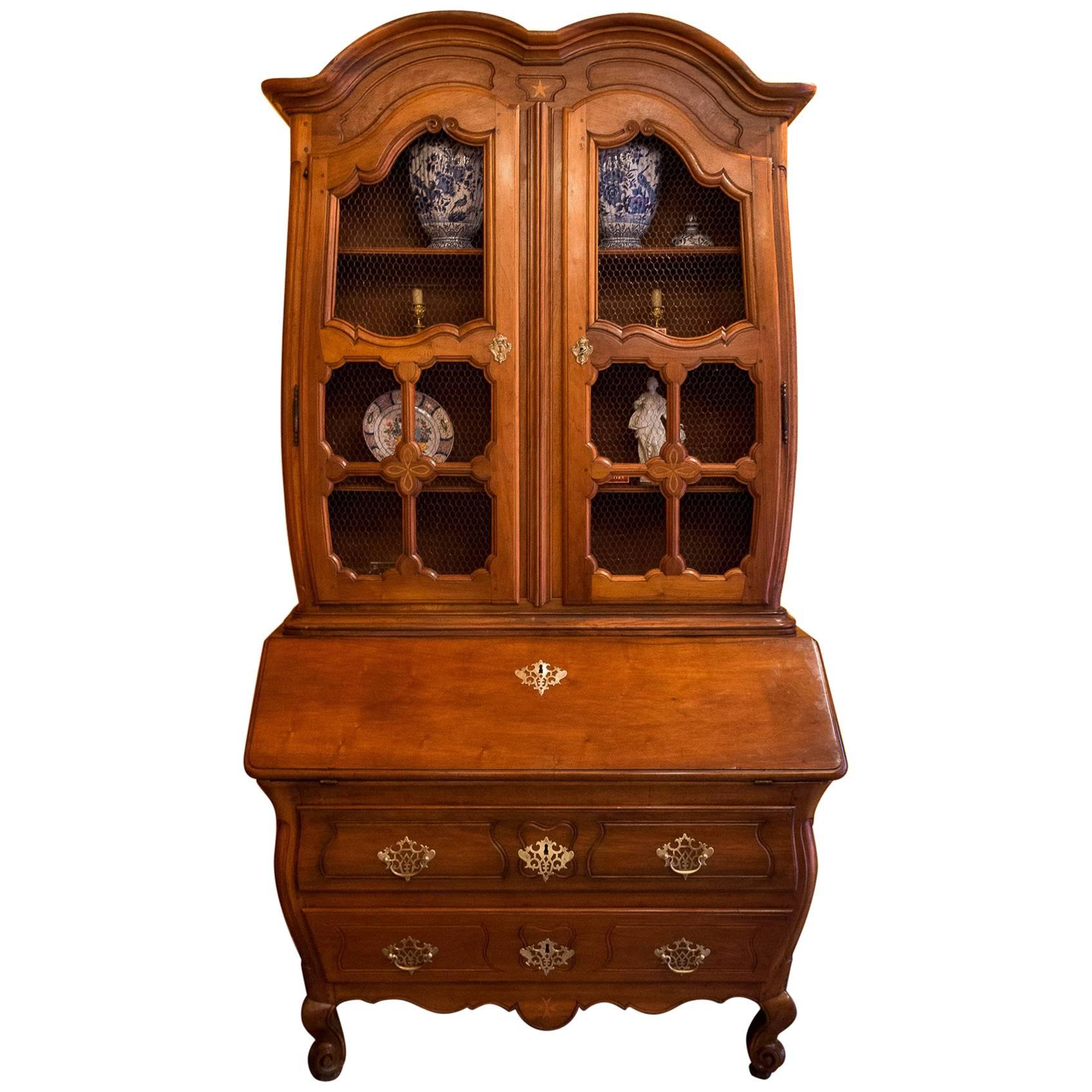 French Louis XV Period Bombe Walnut Deux-Corps Slant-Desk Commode from Bordeaux For Sale