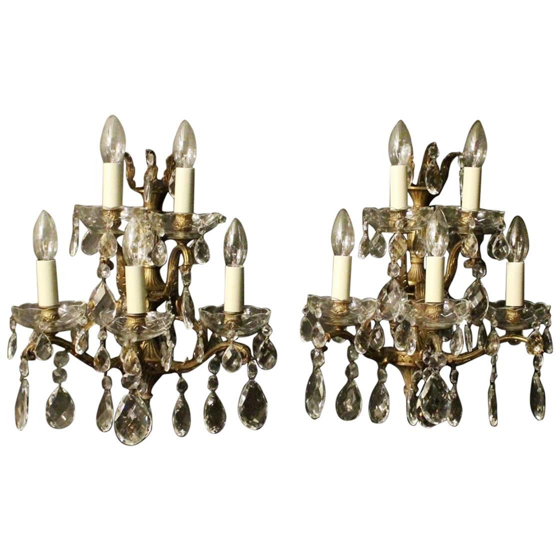 Italian Pair of Gilded Bronze and Crystal Five-Arm Antique Wall Lights