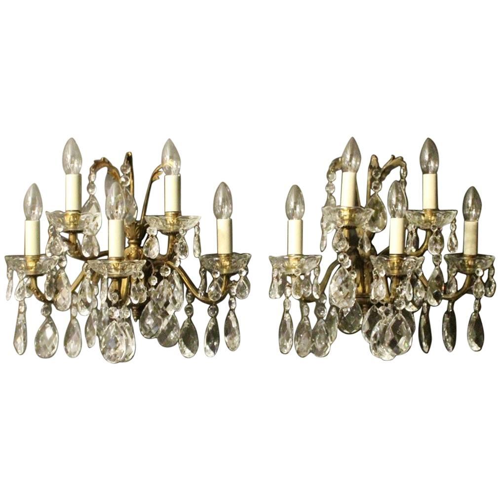 Italian Pair of Gilded Bronze and Crystal Five-Arm Wall Lights