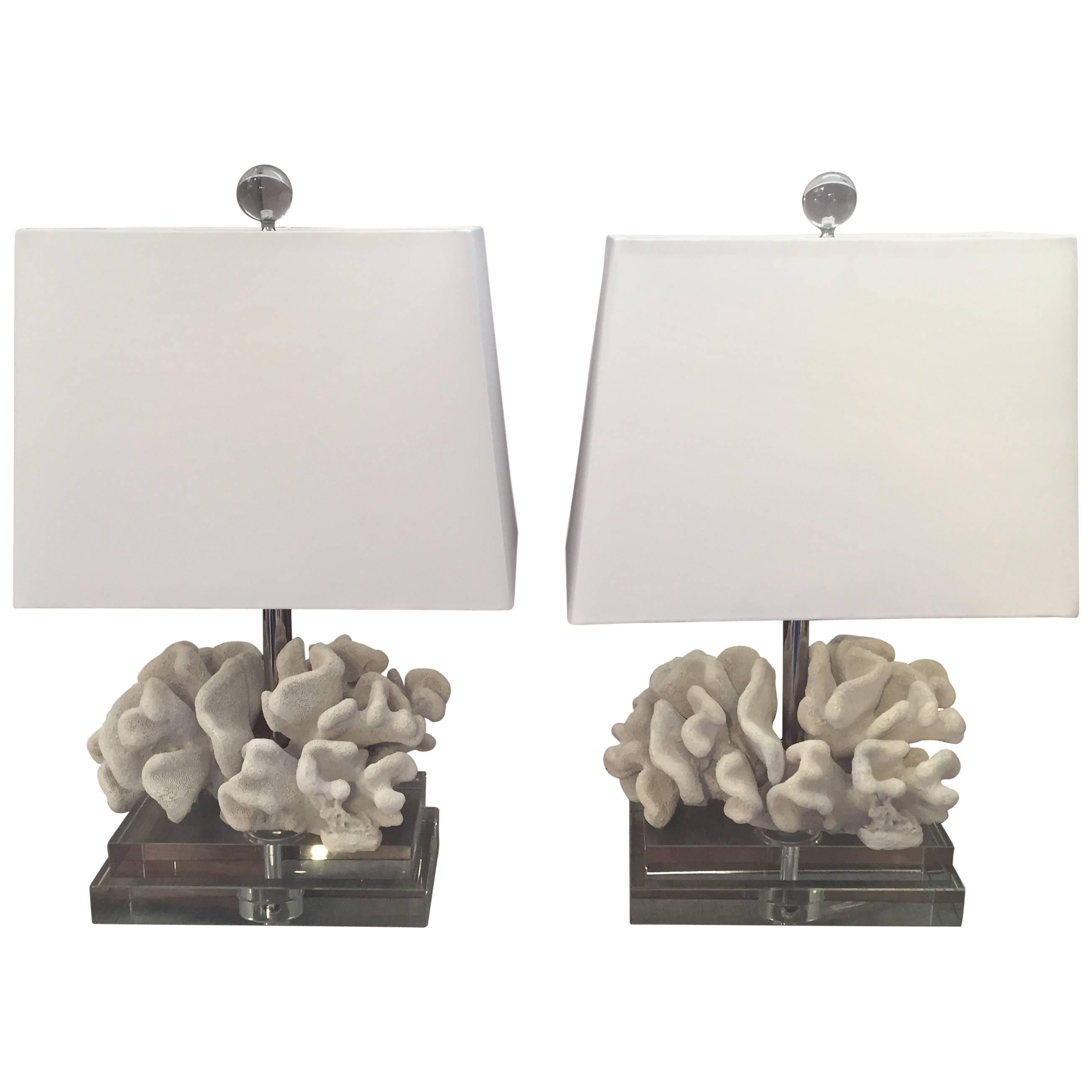 Glam Pair of White Faux Coral and Lucite Table Lamps