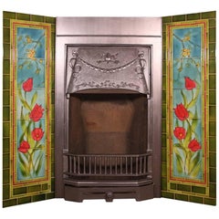 Antique Edwardian Art Nouveau Cast Iron and Tiled Grate