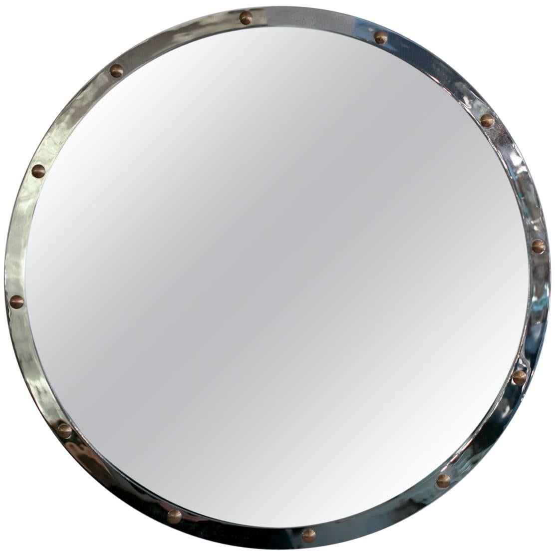 Large Circular Chrome and Brass Mirror