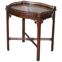 Mahogany Chinese Chippendale Silver Tea Occasional Table Fret Work Carved Famboo