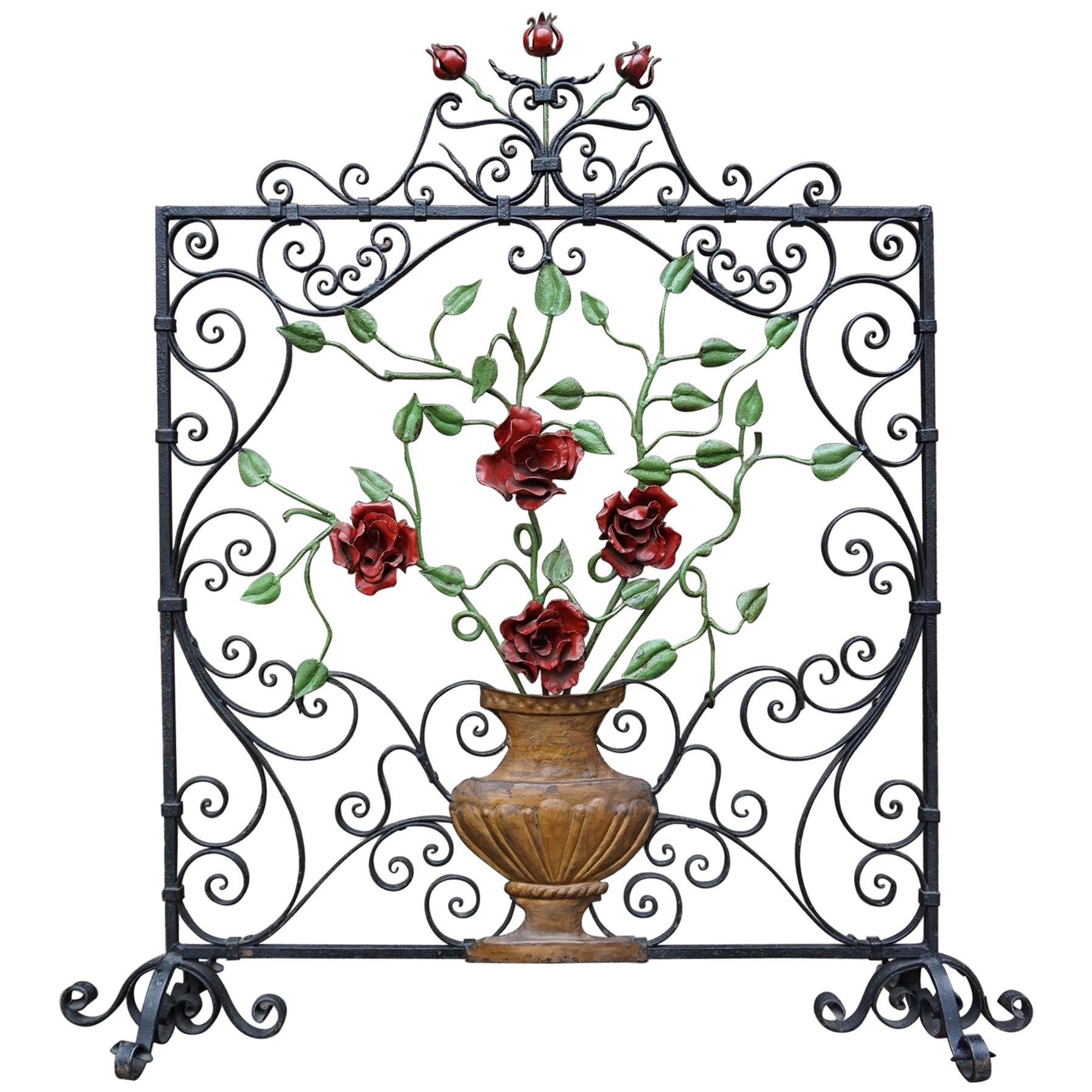 Early 20th Century Handcrafted Wrought Iron Firescreen with Roses in Vase Decor