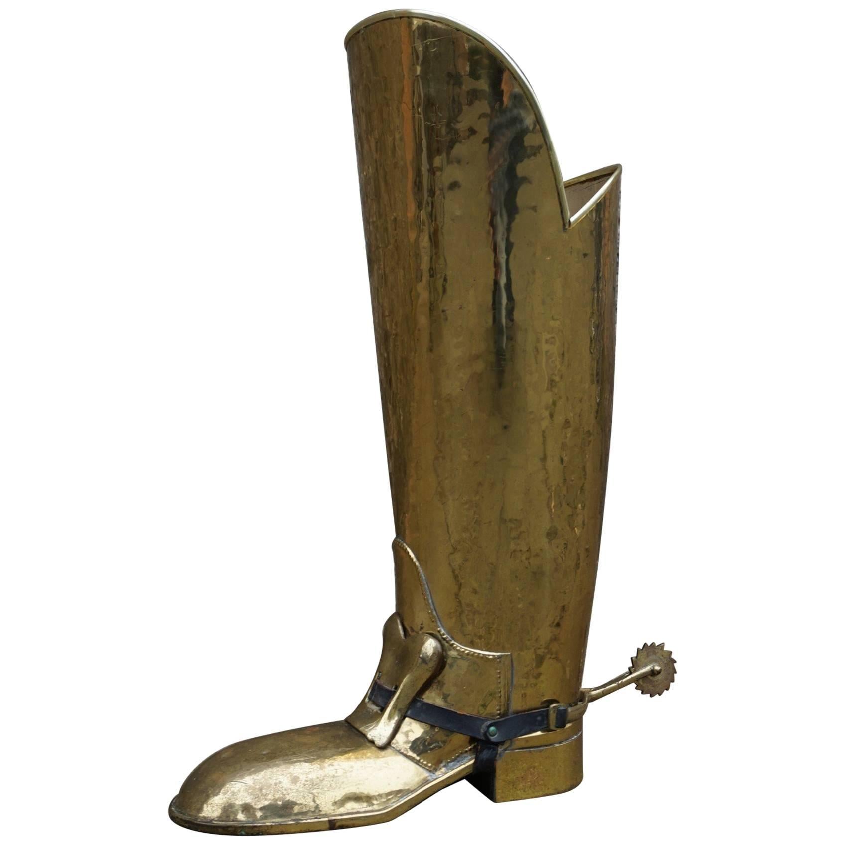 Vintage 1950s Spurred Brass Horse Back Riding or Knight Boot Umbrella Stand