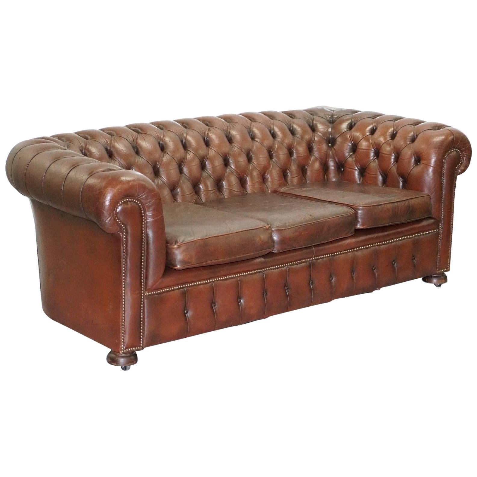 Vintage Midcentury Distressed Chesterfield Aged Brown Leather Club Sofa Oak