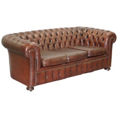 Vintage Midcentury Distressed Chesterfield Aged Brown Leather Club Sofa Oak