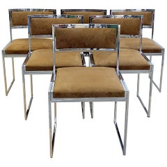 Set of Six 1970s Willy Rizzo Chairs in Chrome, Re-Upholstered