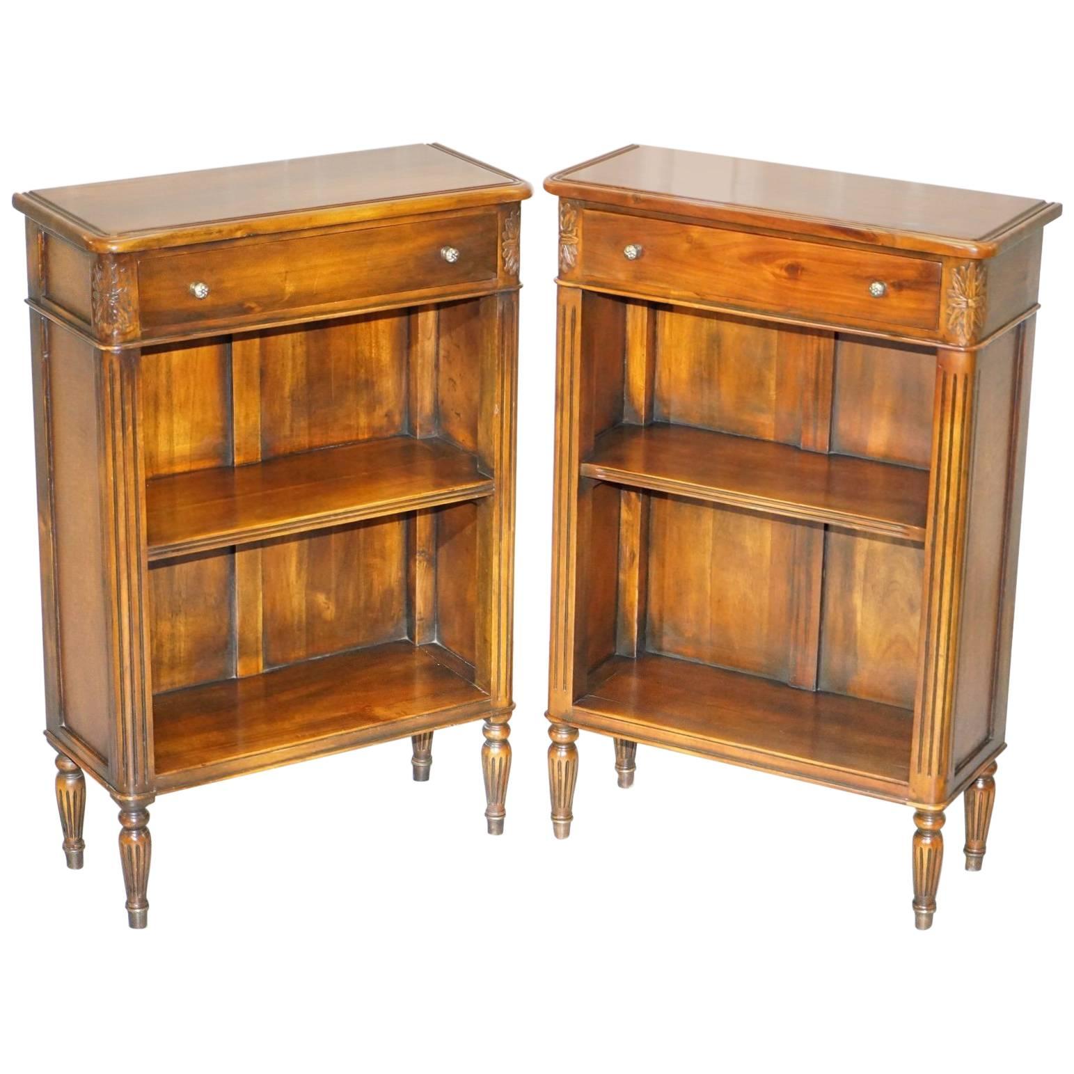 Matching Pair of Theodore Alexander Republic Low Bookcases with Single Drawer