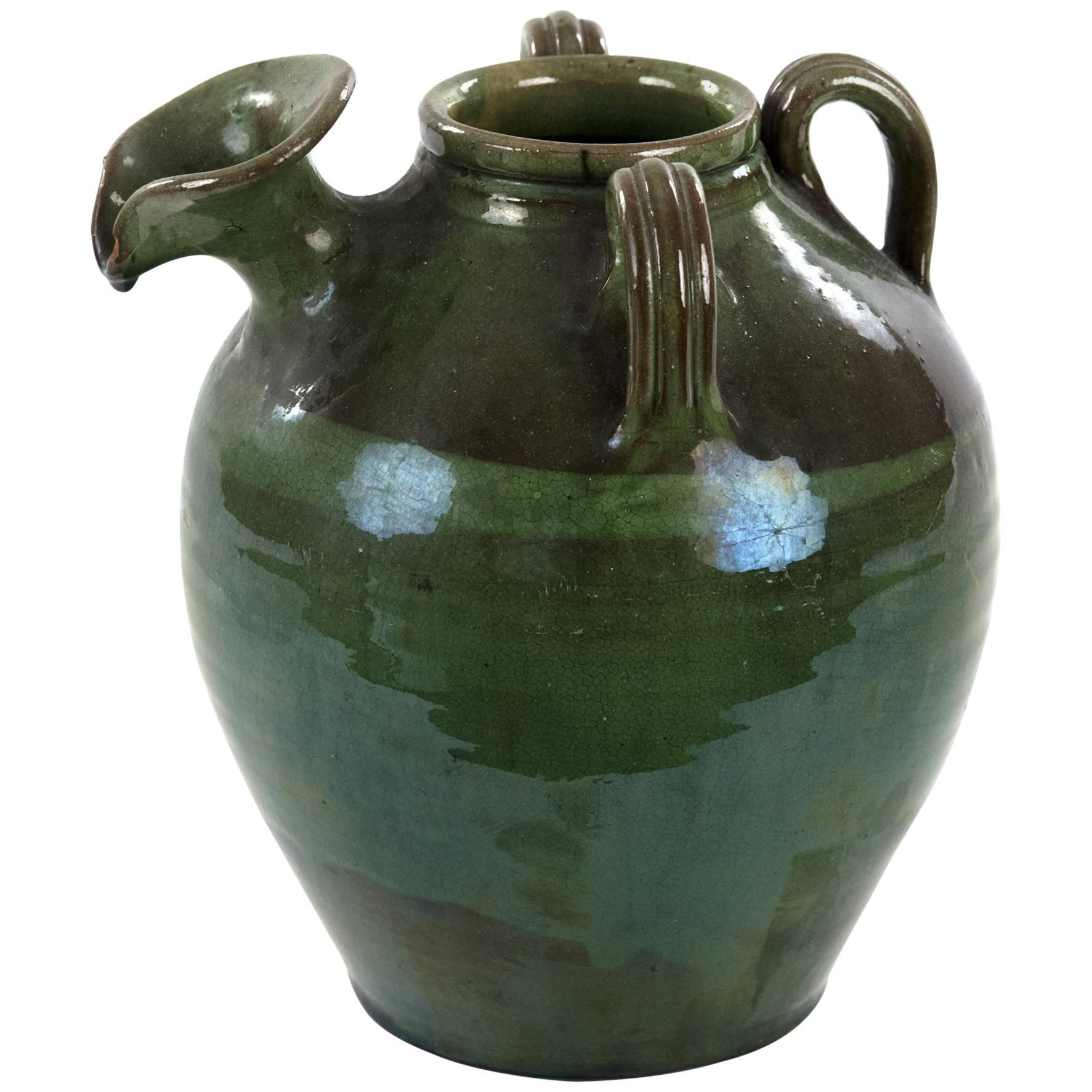 Three-handled French Green Baluster Jug with Spout For Sale