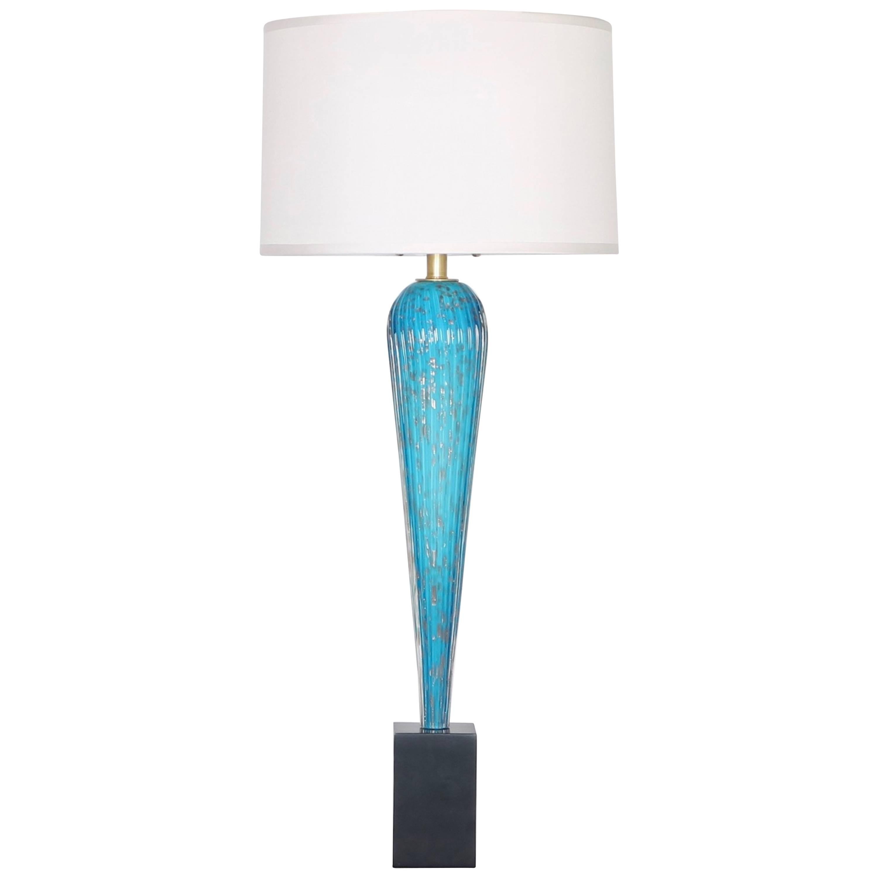 Barovier Table Lamp in Copper Infused Blue and White Murano Glass