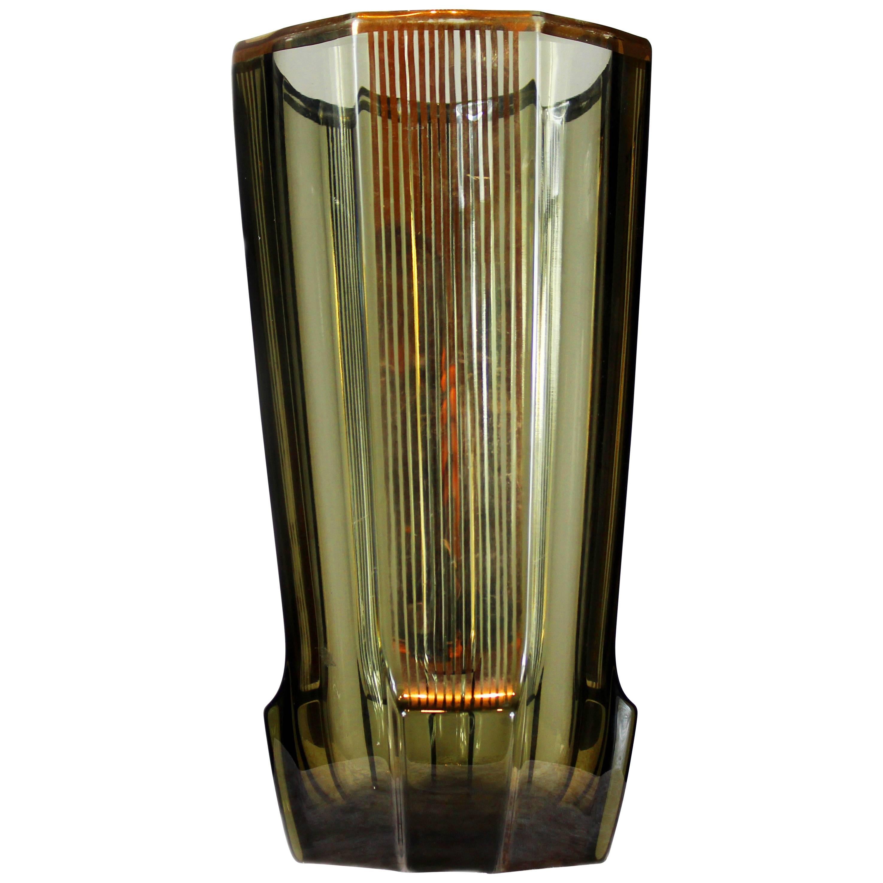 French Art Deco Vase Smoked Glass with Gold Stripes, 1940s