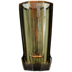 French Art Deco Vase Smoked Glass with Gold Stripes, 1940s