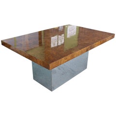 Milo Baughman Extendable Dining Table of Burl Wood Tiles on Chrome Base