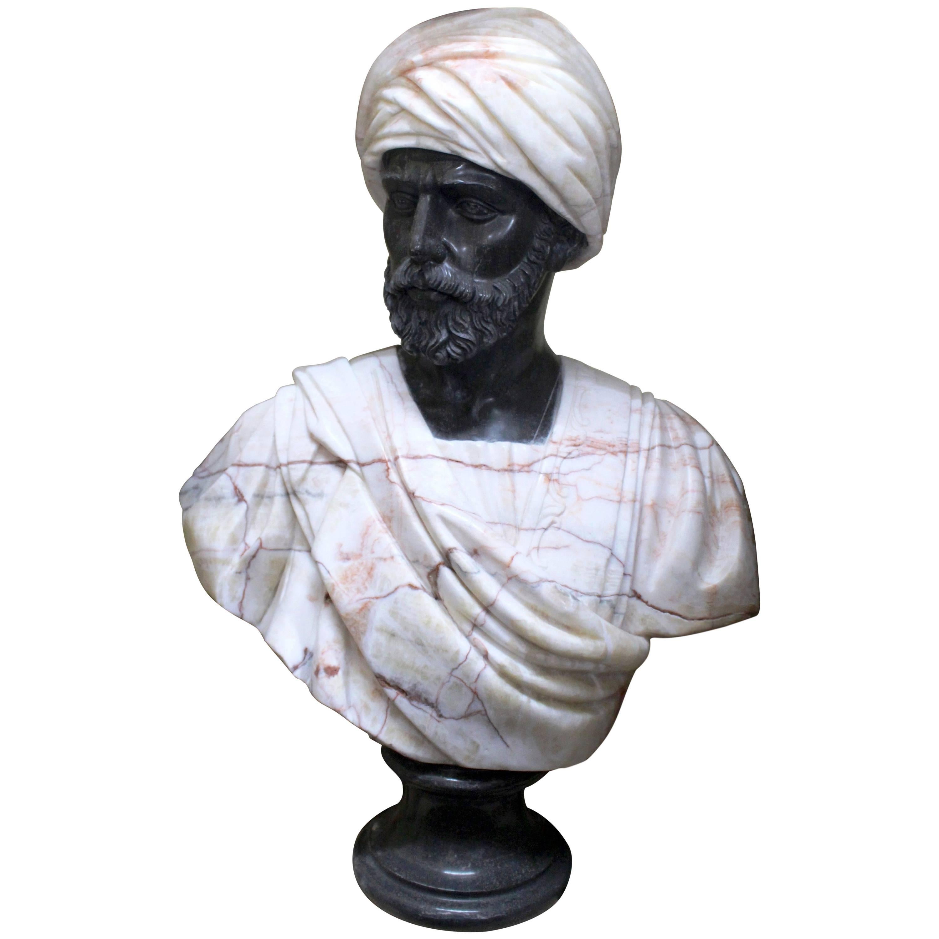 Large Classical Style Carved Marble Bust of Turbaned Man For Sale