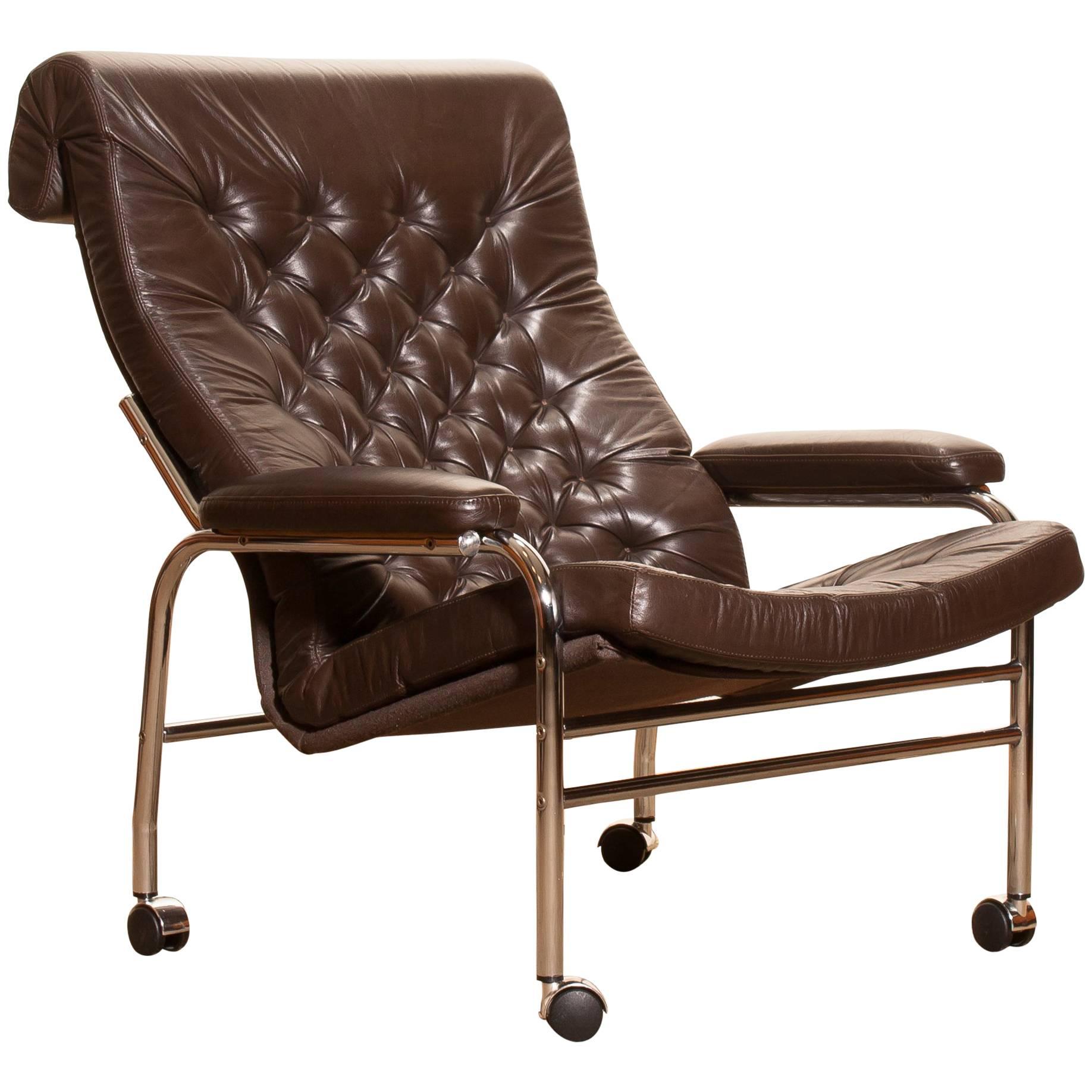 1970s, Lovely Leather and Chrome Lounge Chair Bore by Noboru Nakamura