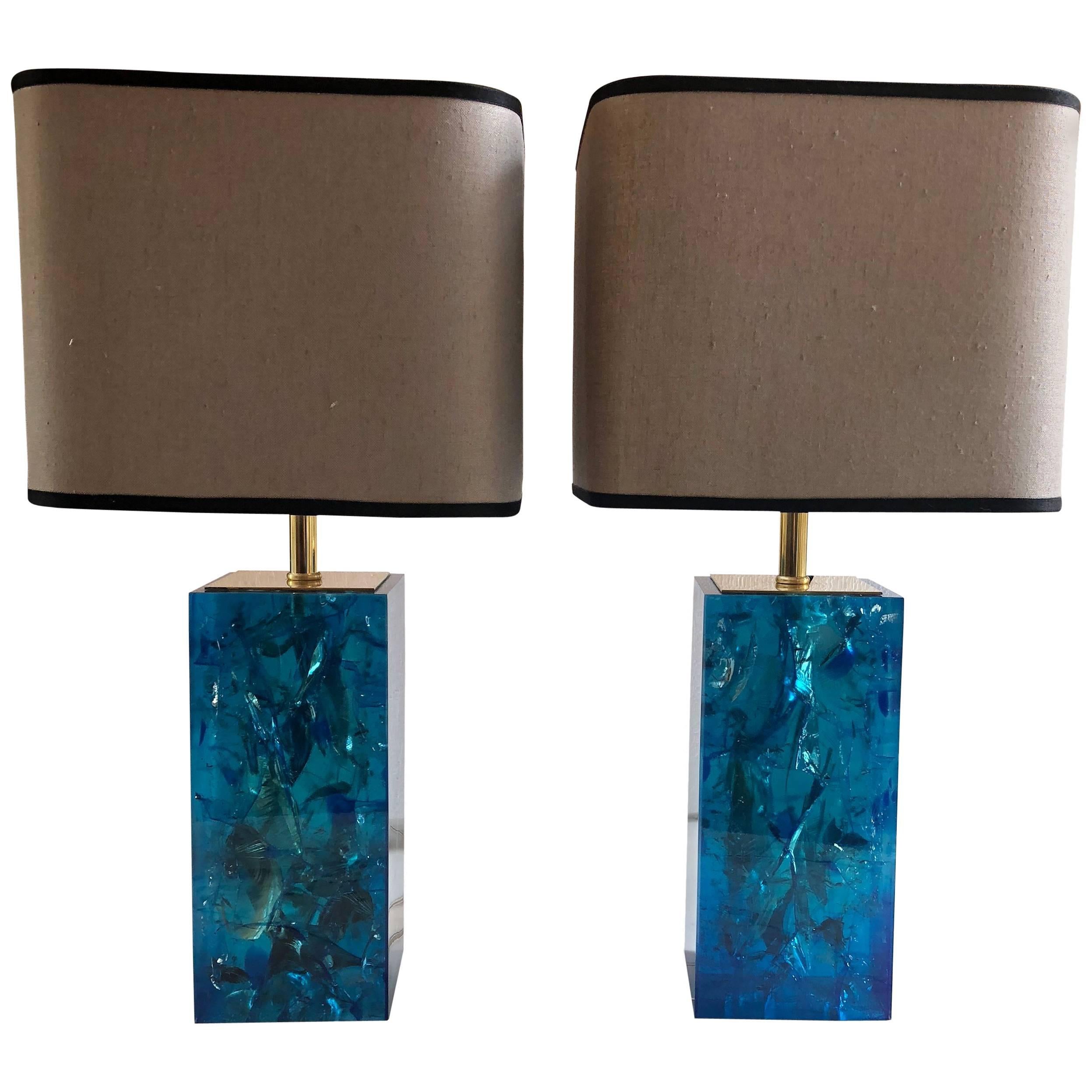 Late 20th Century Pair of Turquoise Blue Fractal Resin Table Lamps with Shades