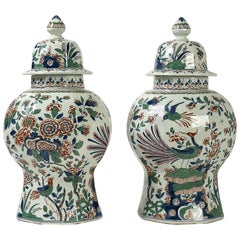 Antique Dutch 18th Century, Excellent Delft Polychrome Faience Pair of Vases
