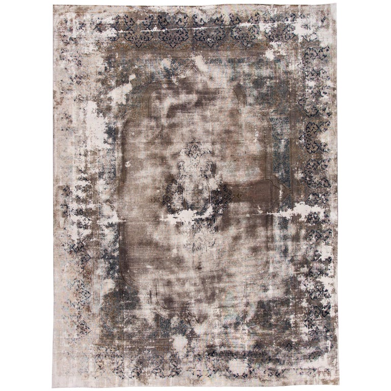 Vintage Distressed Gray Persian Tabriz Carpet For Sale at 1stDibs