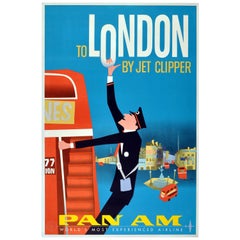 Original Vintage Midcentury Design Pan Am Travel Poster To London By Jet Clipper