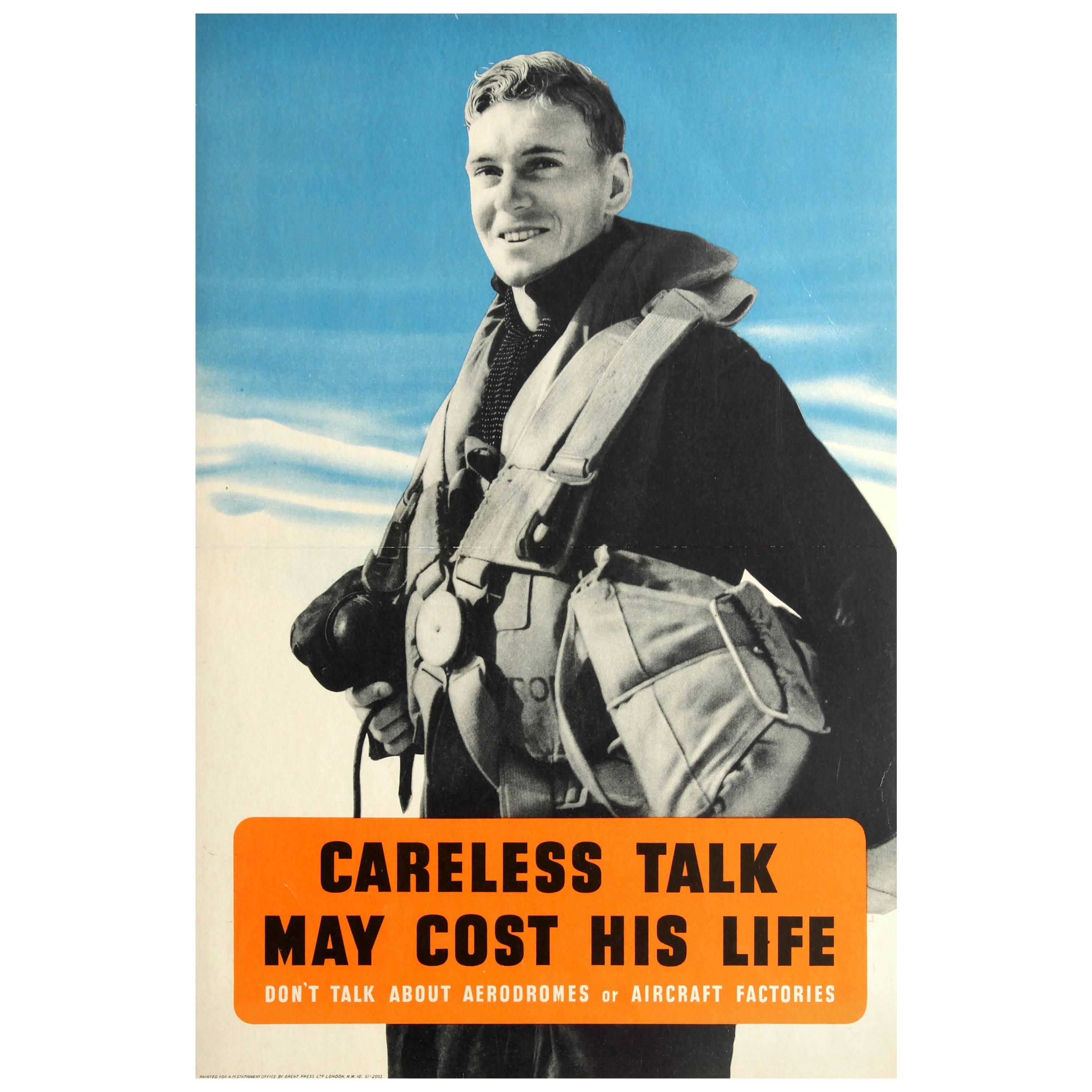 Affiche originale britannique de la Seconde Guerre mondiale - « Careless Talk May Cost His Life » - Royal Air Force en vente