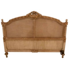 Vintage Pretty French Style Gilded Painted and Caned Queen Headboard
