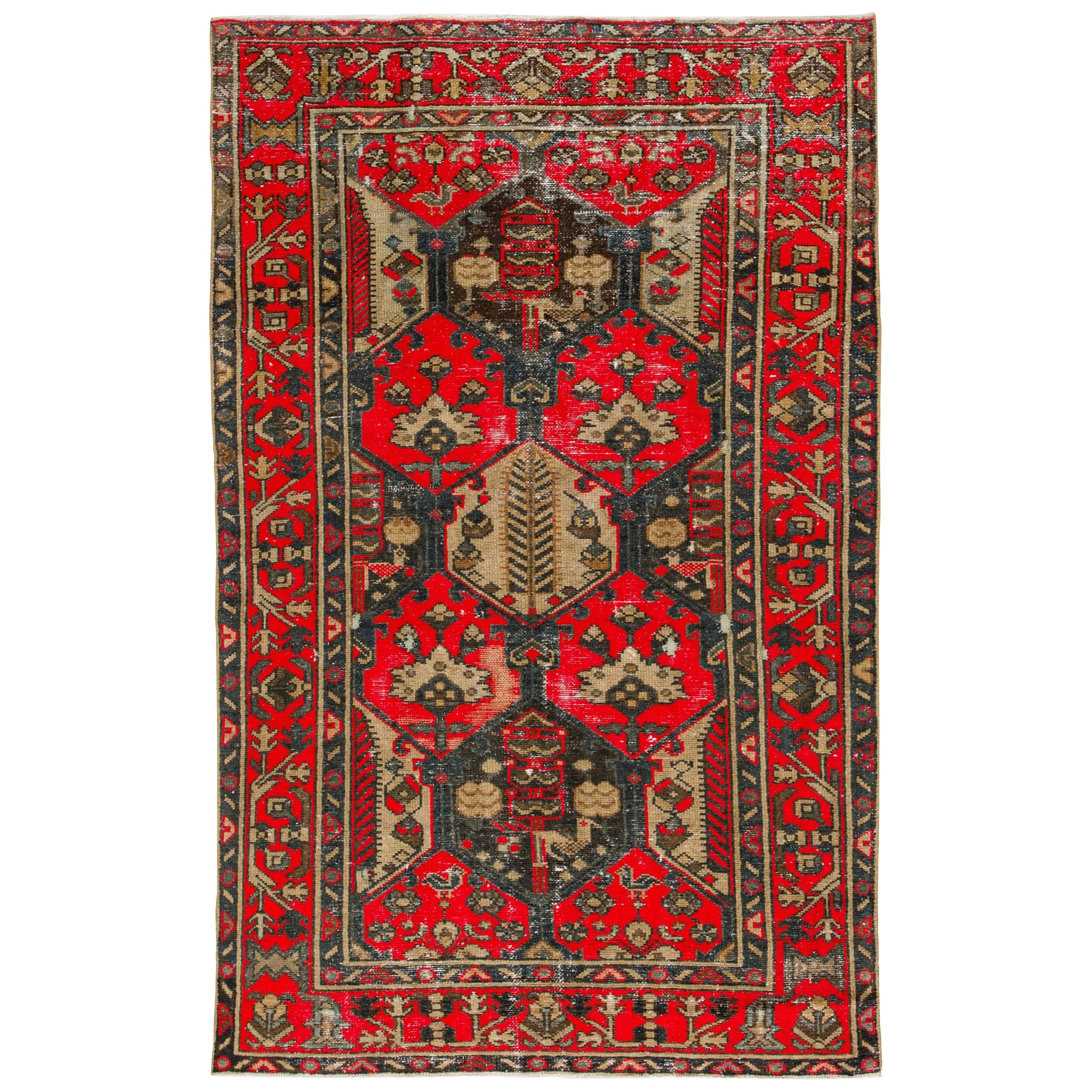Vintage Distressed Red and Brown Persian Tabriz Carpet