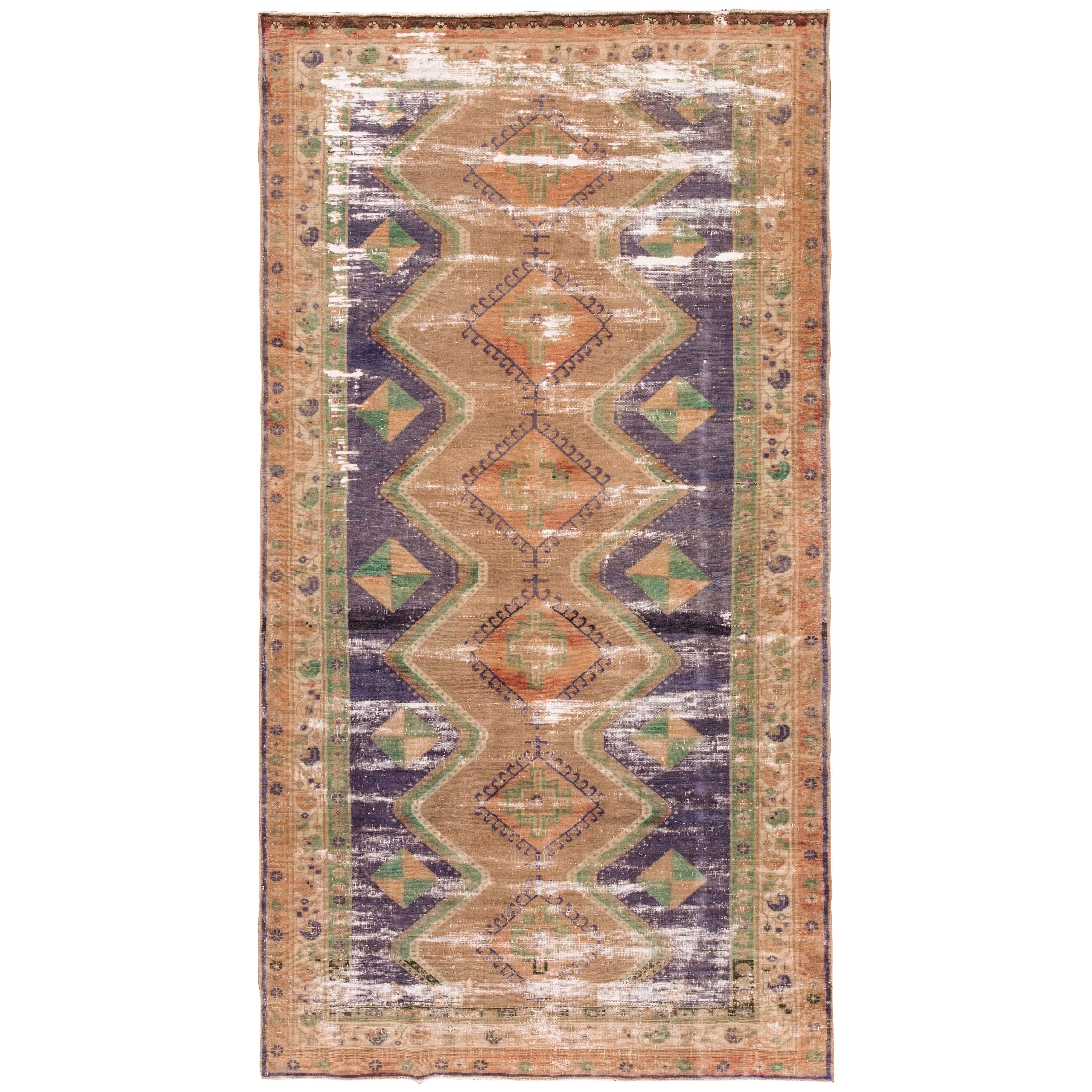 Vintage Distressed Multicolored Geometric Persian Tabriz Carpet For Sale