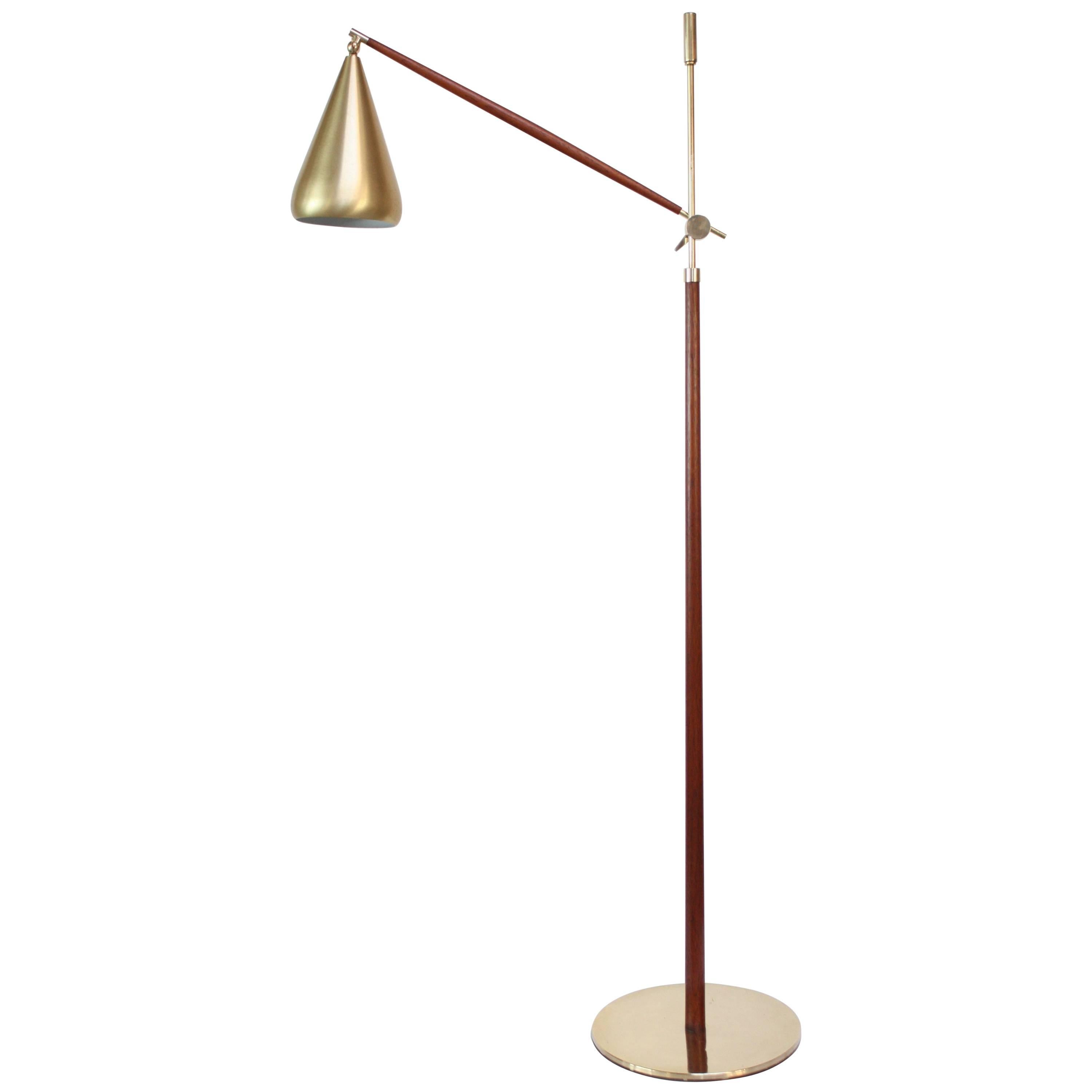 Swedish Brass and Mahogany Adjustable Floor Lamp with Brushed Aluminum Shade