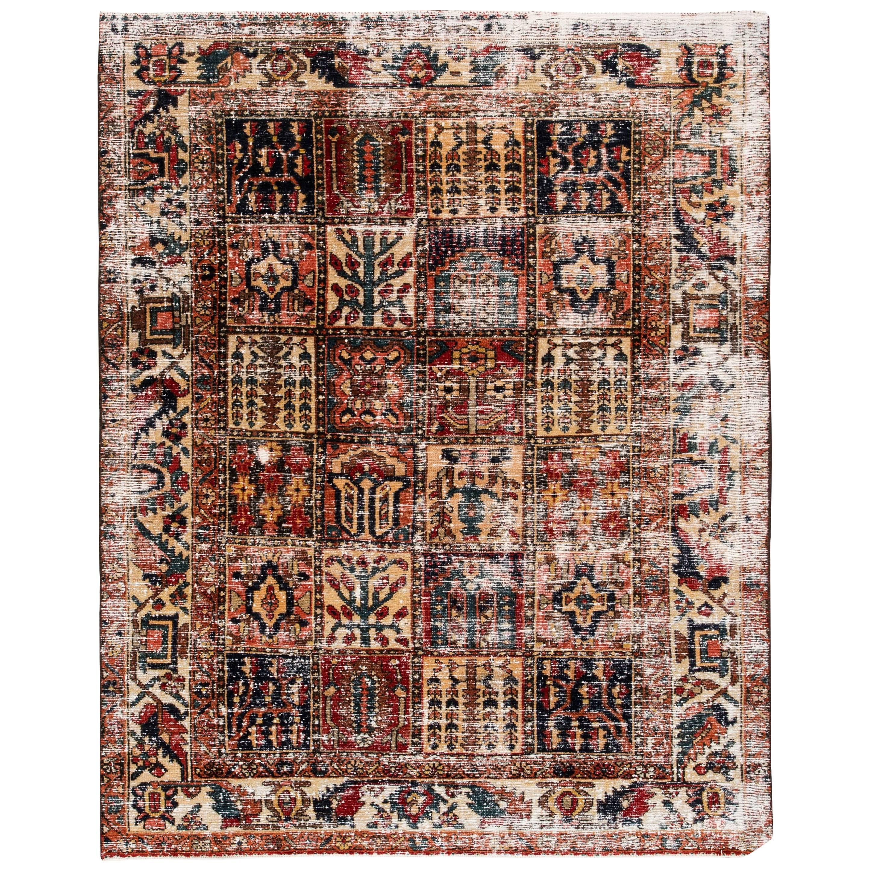 Vintage Distressed Square Geometric Persian Tabriz Carpet For Sale