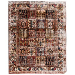 Vintage Distressed Square Geometric Persian Tabriz Carpet