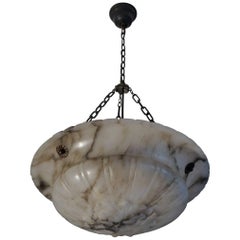 Stunning Early 1900s Neoclassical Revival White & Black Veins Alabaster Pendant