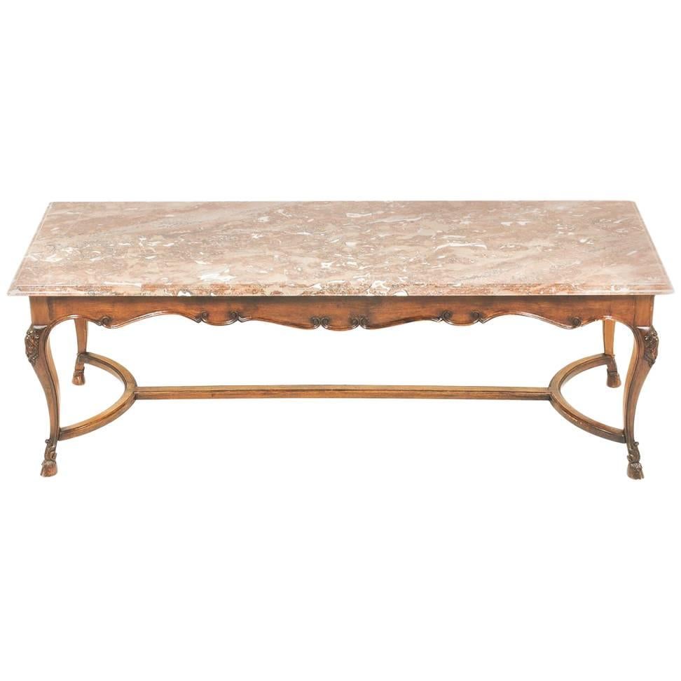French Carved Walnut and Marble Louis XV-Style Table