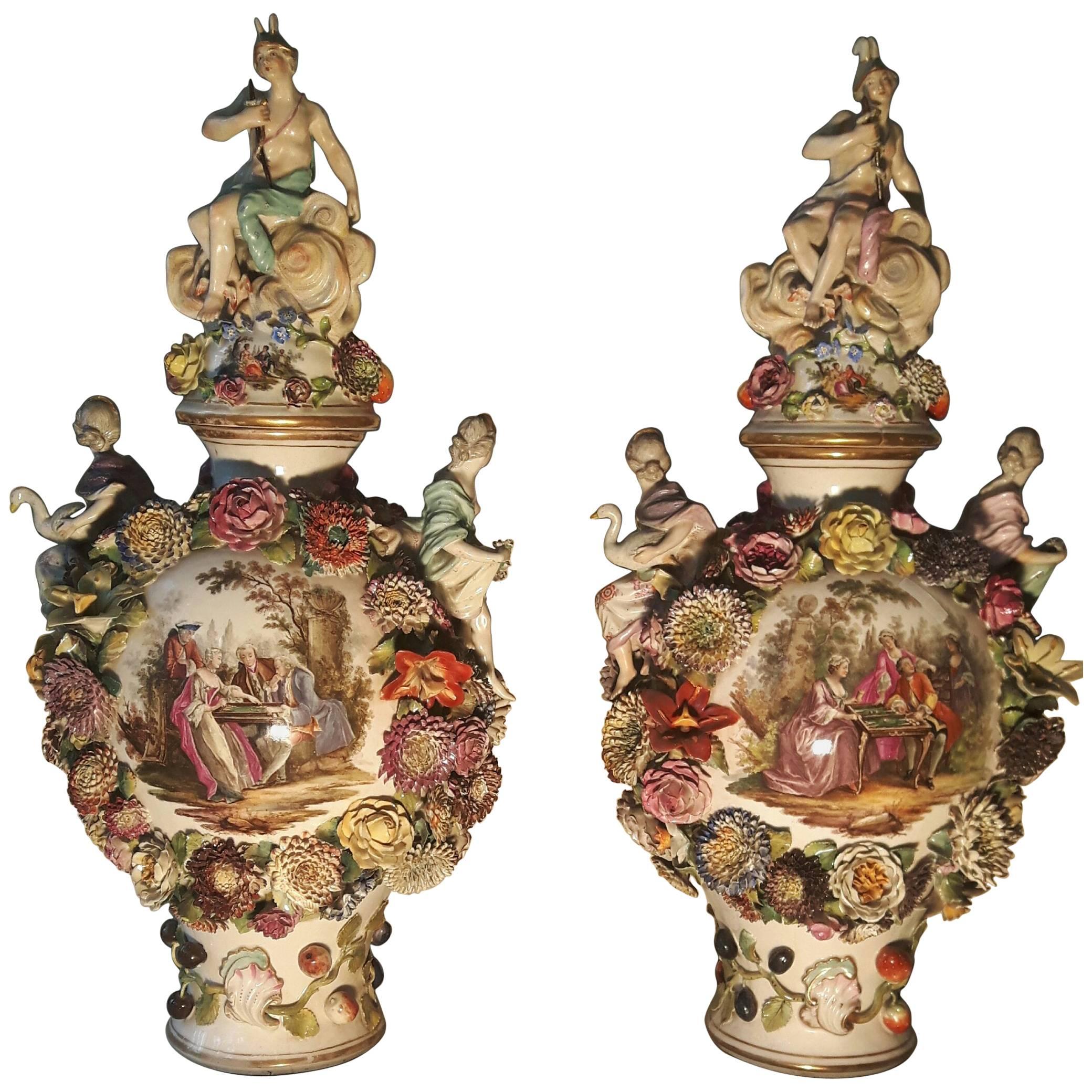 Very Impressive Pair of 19th Century Dresden Vases For Sale