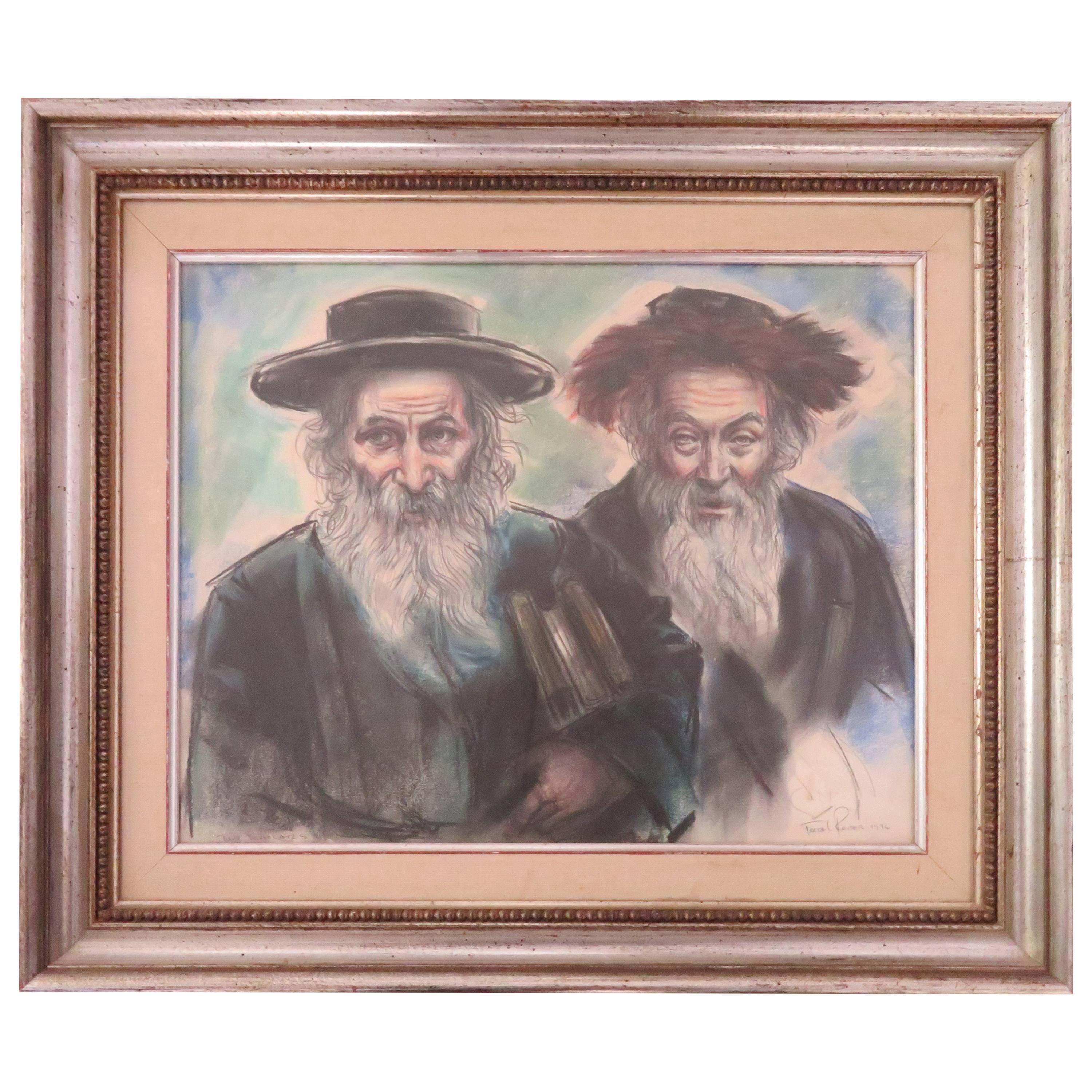 Powerful Freda L. Reiter Pastel Drawing of Rabbis Mid-Century Modern
