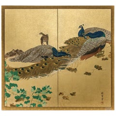 Antique Japanese Two-Panel Screen, Family of Peafowl