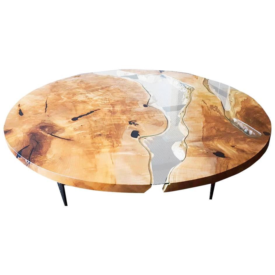 River Coffee Table in Live Edge Maple with Curved Steel Base in Black For Sale