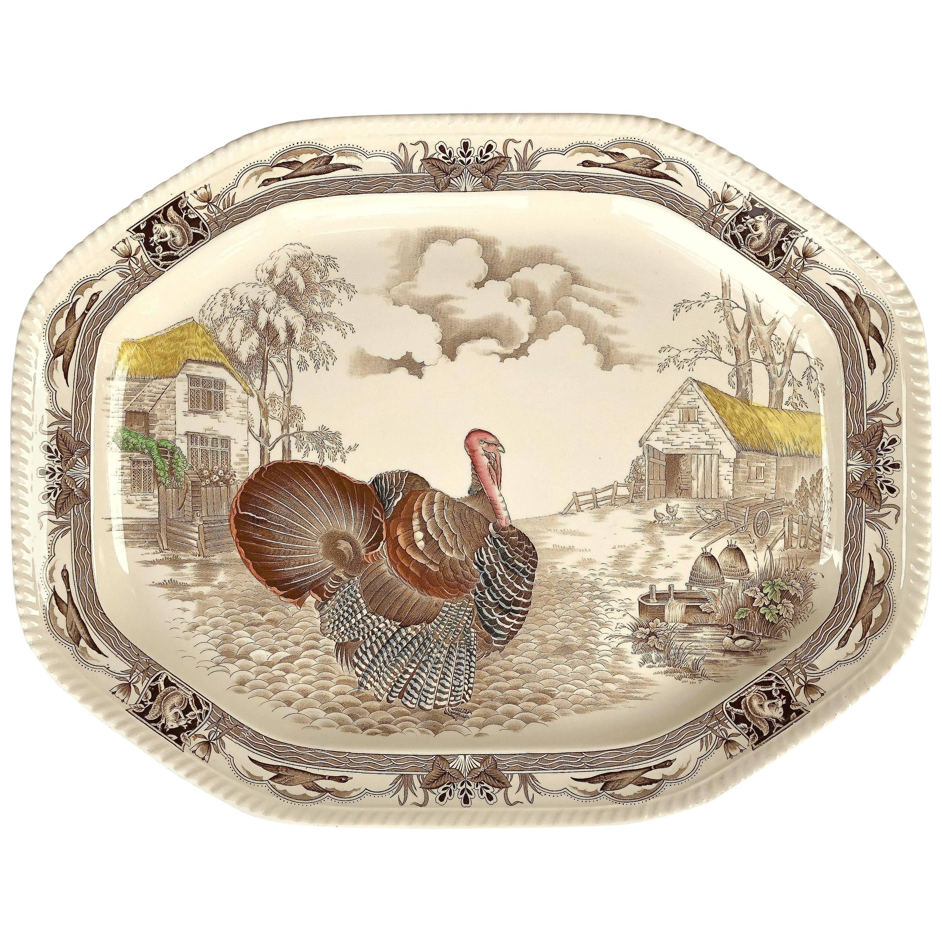 Grand plateau à Turkey en porcelaine anglaise Transferware, Barnyard King par Johnson Brothers