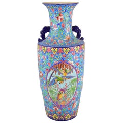 Extraordinary Large French Art Deco Longwy Ceramic Parrots Jungle Vase