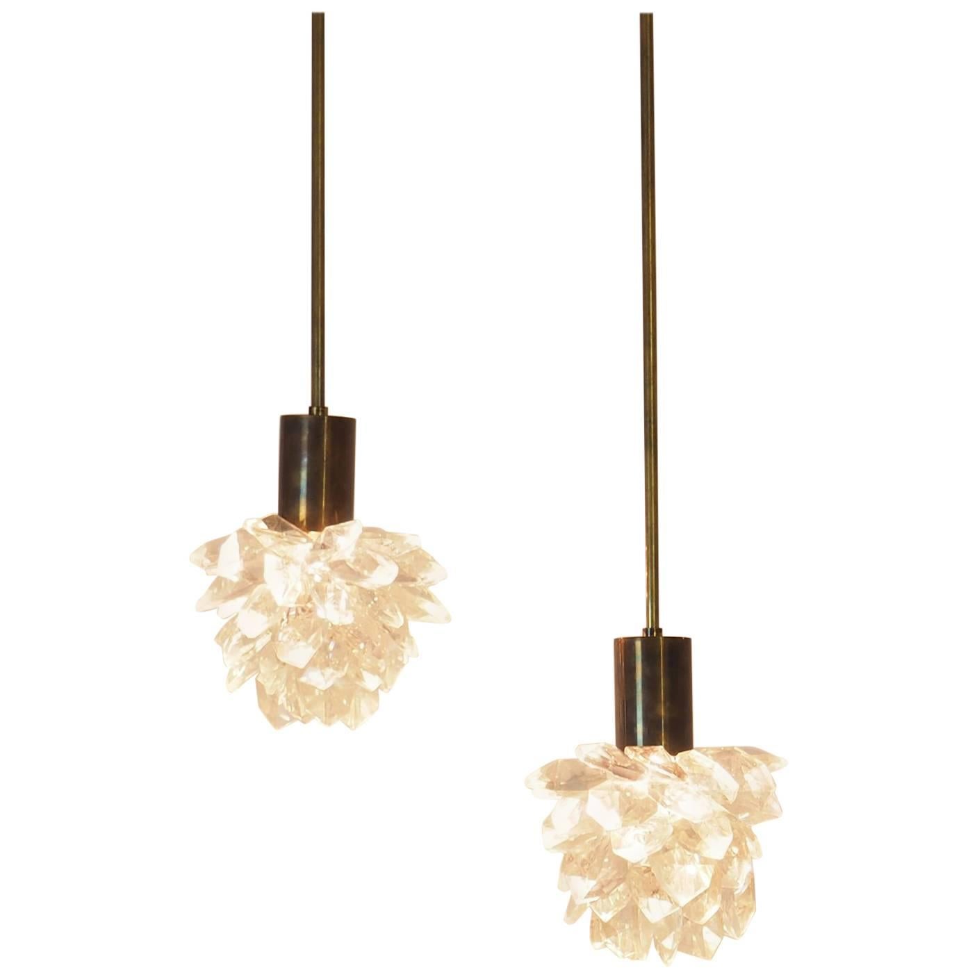 Pair of Italian Midcentury  Pendants  with Cutted Crystal Gemme, Milano 1980s