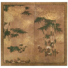 Antique Japanese Two Panel Screen: Bamboo Grove on Mulberry Paper with Gold Dust