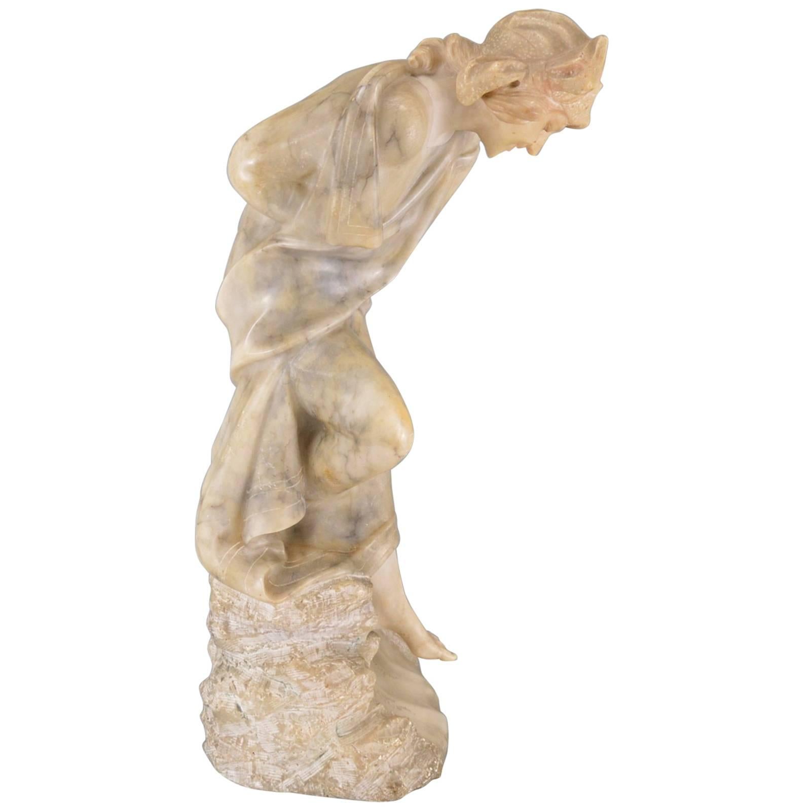 Art Nouveau Alabaster Sculpture, Woman on a Rock