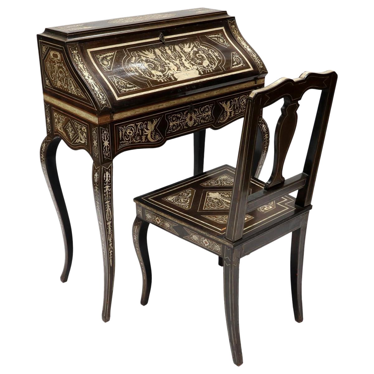 Italian Ebony and Bone Inlay Marquetry Secretaire Desk with Chair For Sale