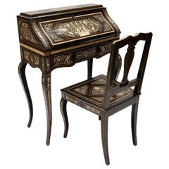 Italian Ebony and Bone Inlay Marquetry Secretaire Desk with Chair