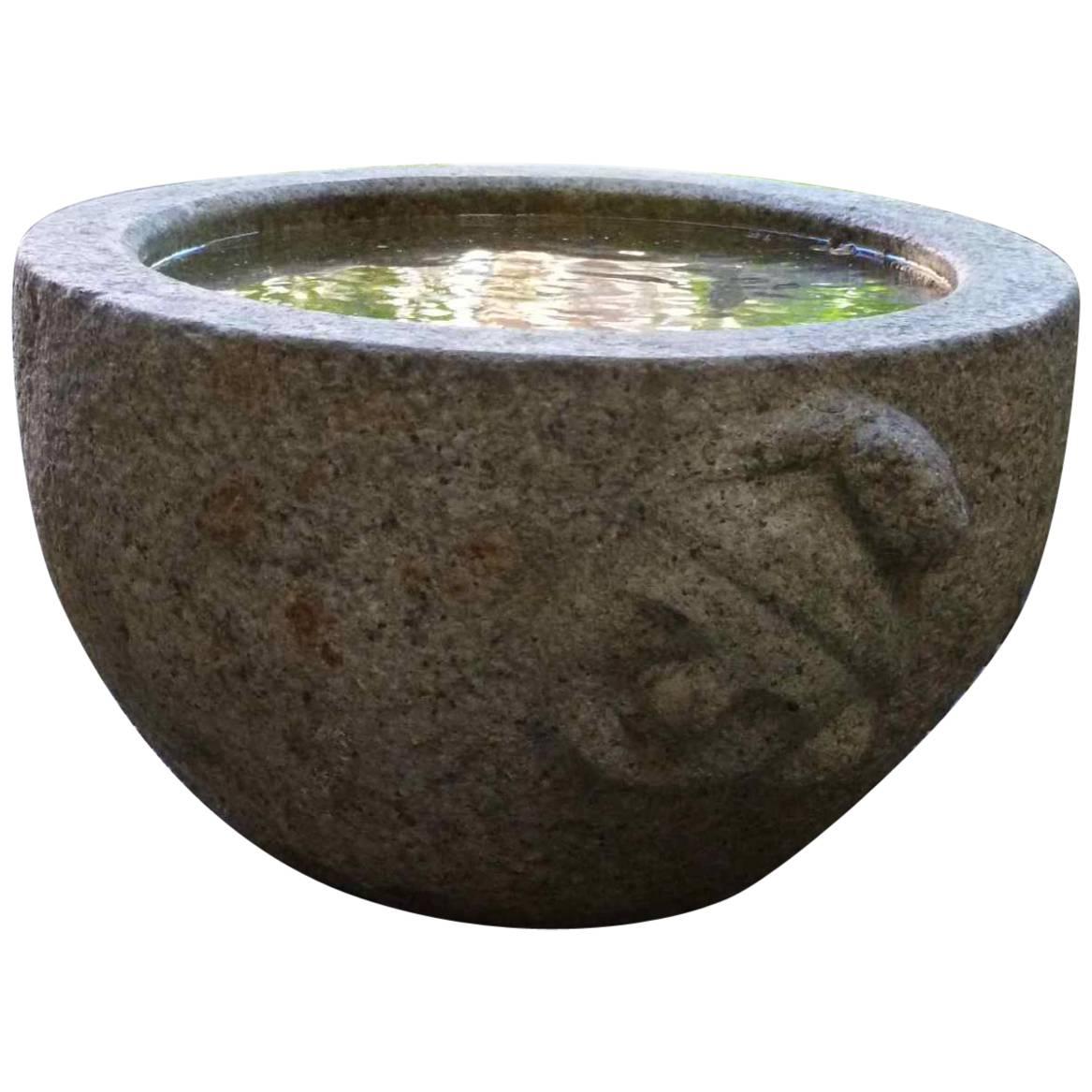 Granite Stone Water Basin with Heads as Handles Tsukubai Japan Garden Art For Sale