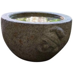 Antique Granite Stone Water Basin with Heads as Handles Tsukubai Japan Garden Art