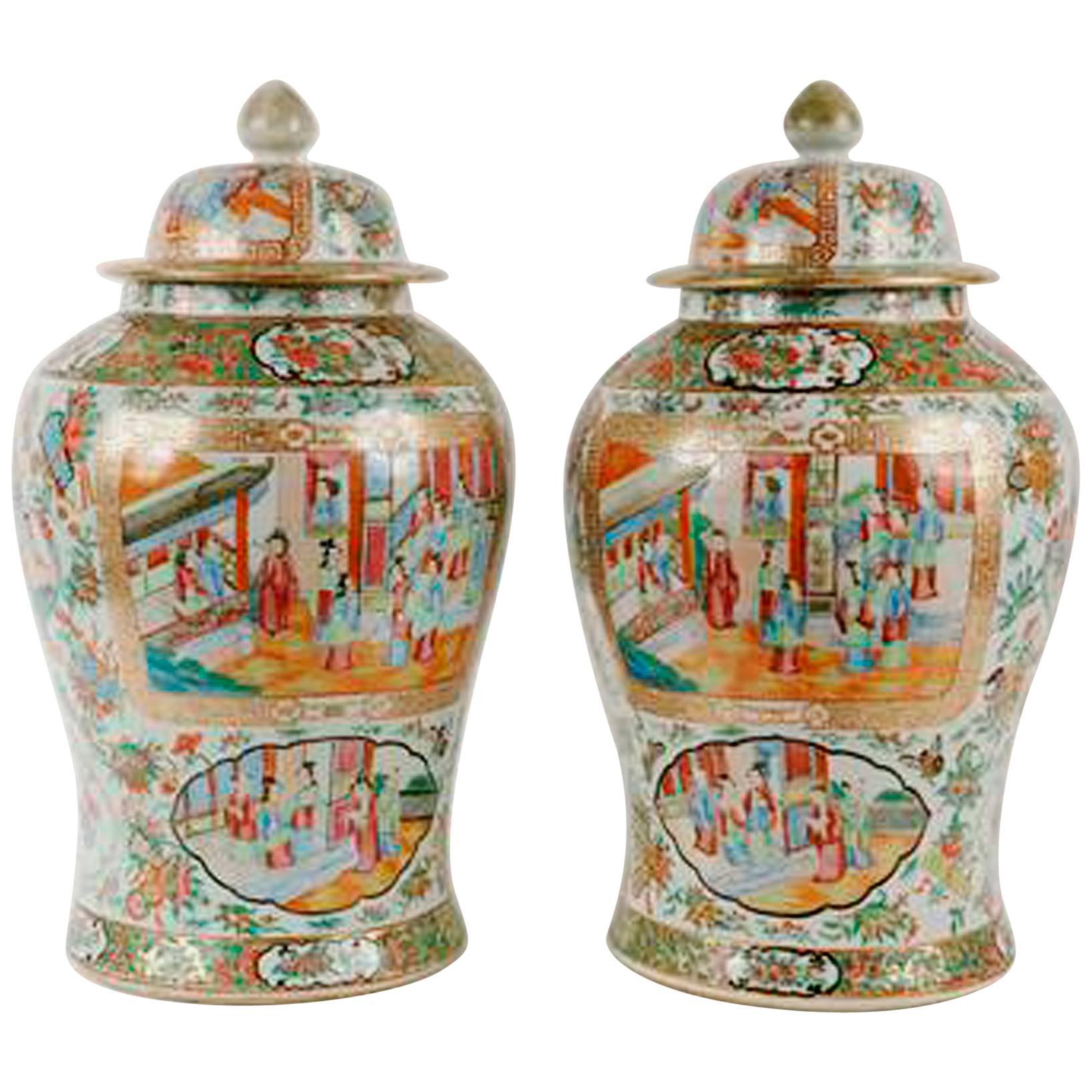 Pair of Chinese Export Porcelain Canton Vases and Covers, circa 1840