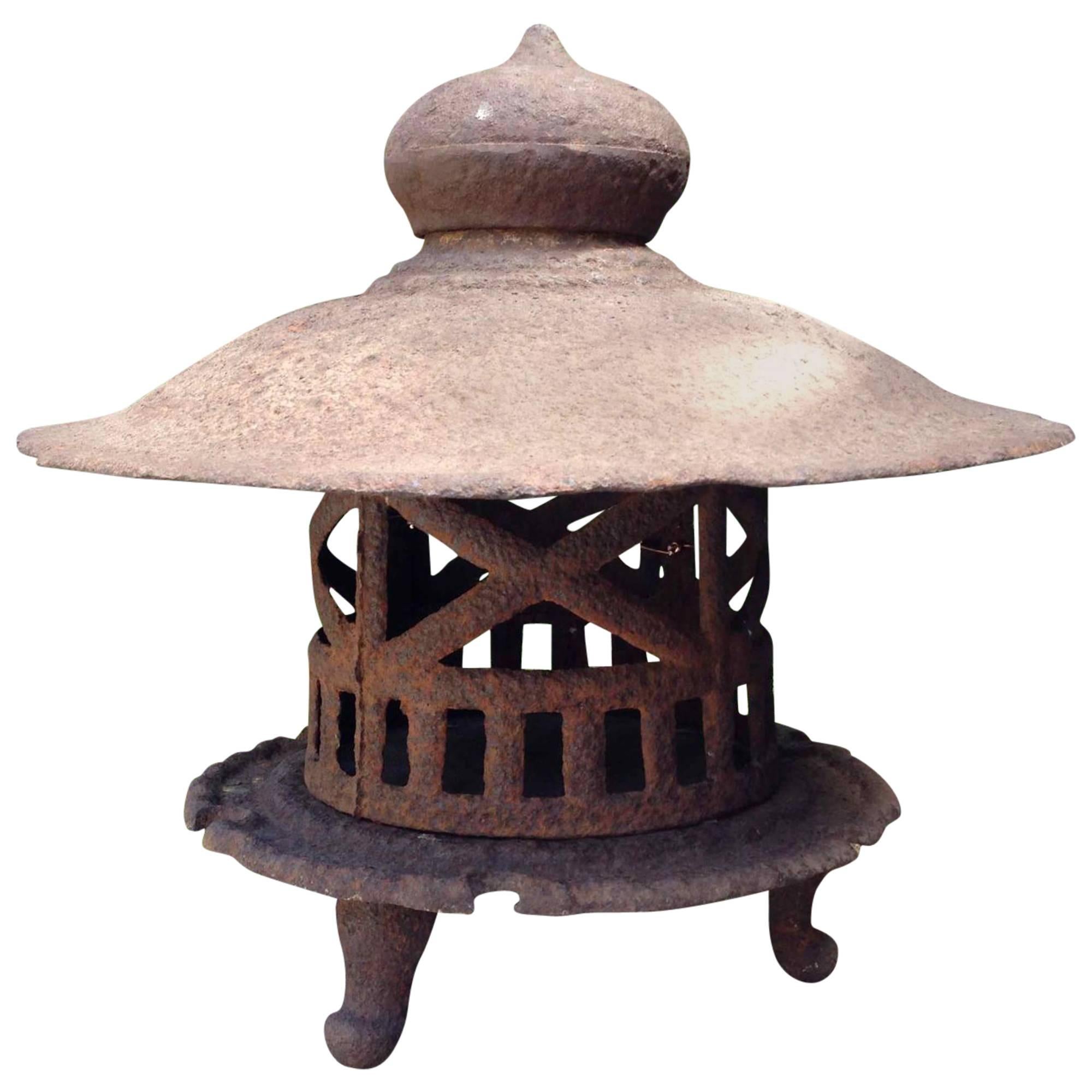 Iron Tea Garden Lantern with Pattern of Three Rows of Squares Japanese