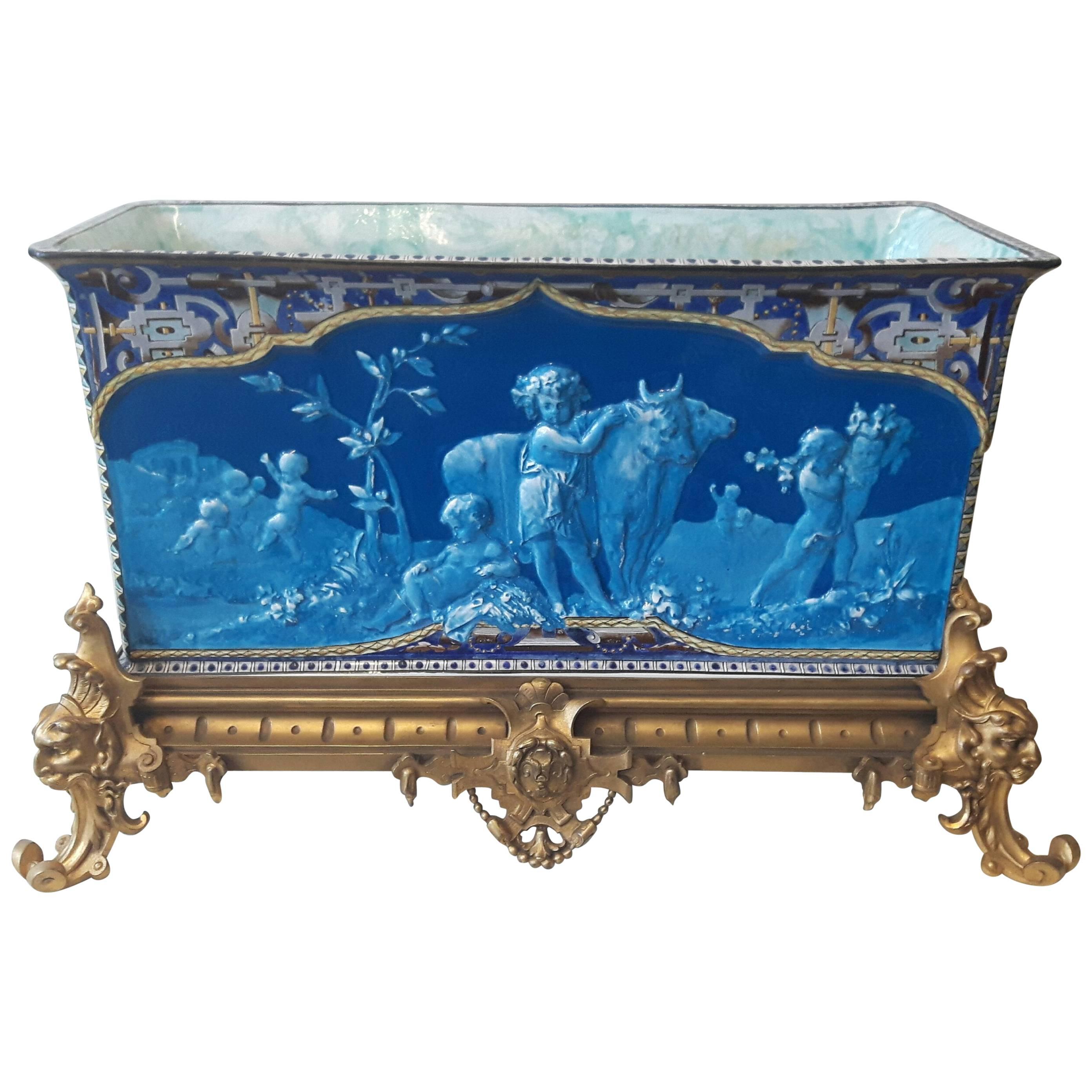 Unique French Barbotine 19th Century Ormolu Mounted Rectangular Jardinière For Sale