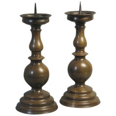 Antique Fine Pair of 17th Century Style Flemish Patinated Bronze Pricket Candlesticks